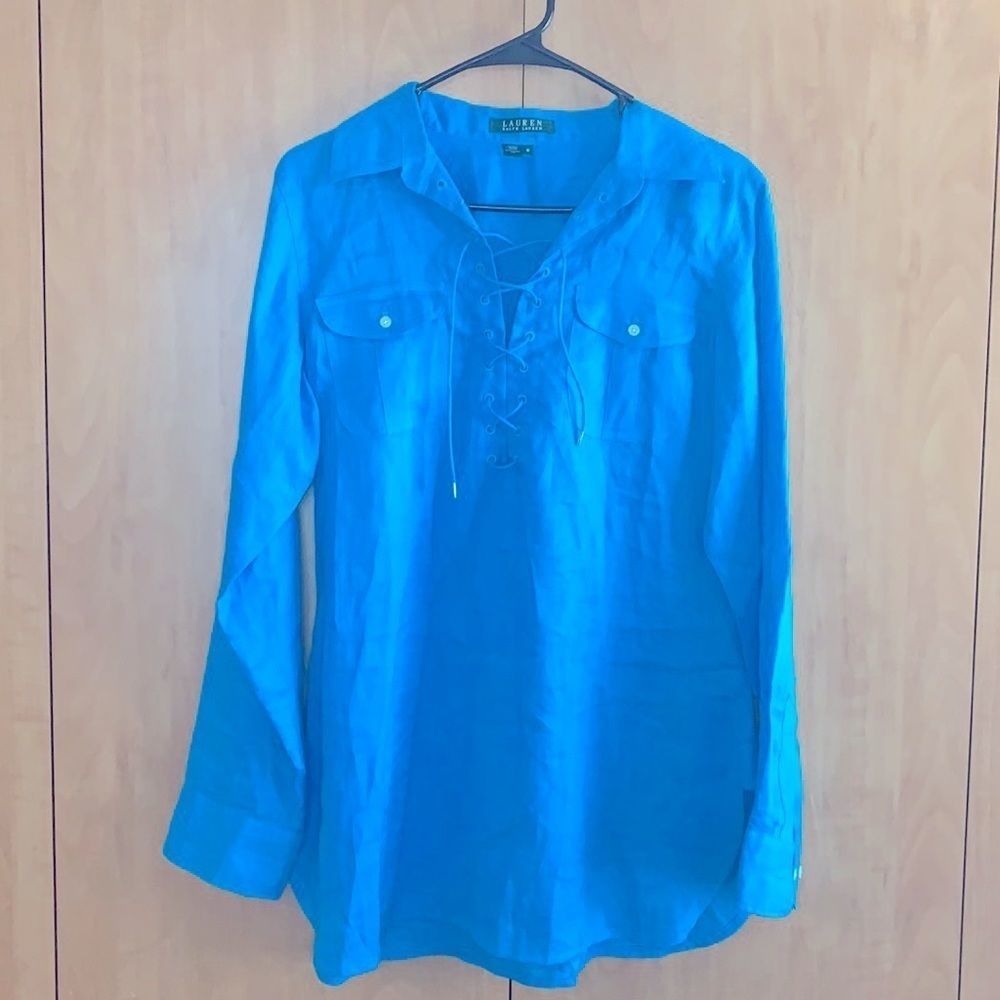 Lauren Ralph Lauren long sleeve shirt. 100% Linen. Turquoise Blue. Medium